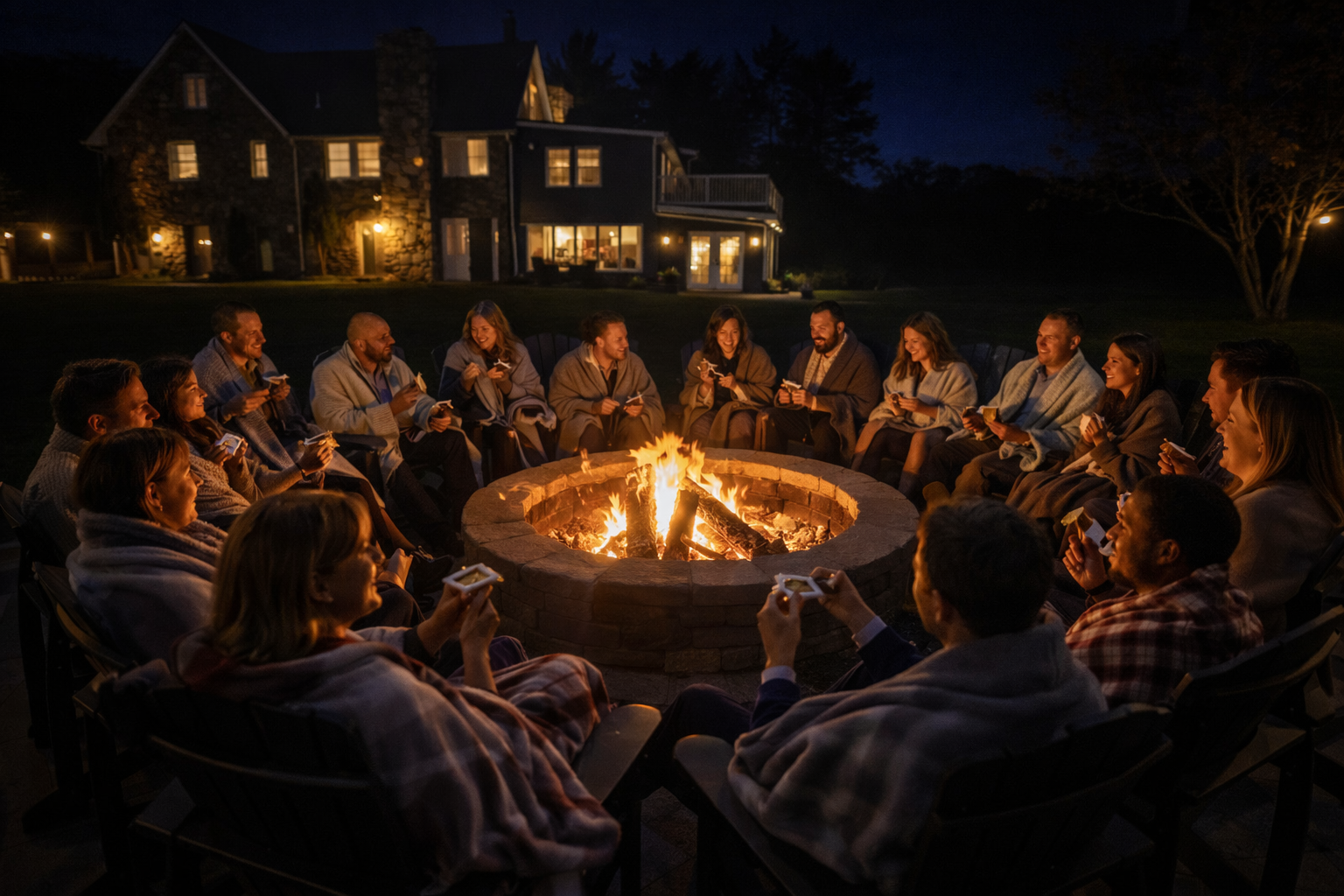 Corporate retreat guests gathered around outdoor fire pit at night at Paradise by Firefly
