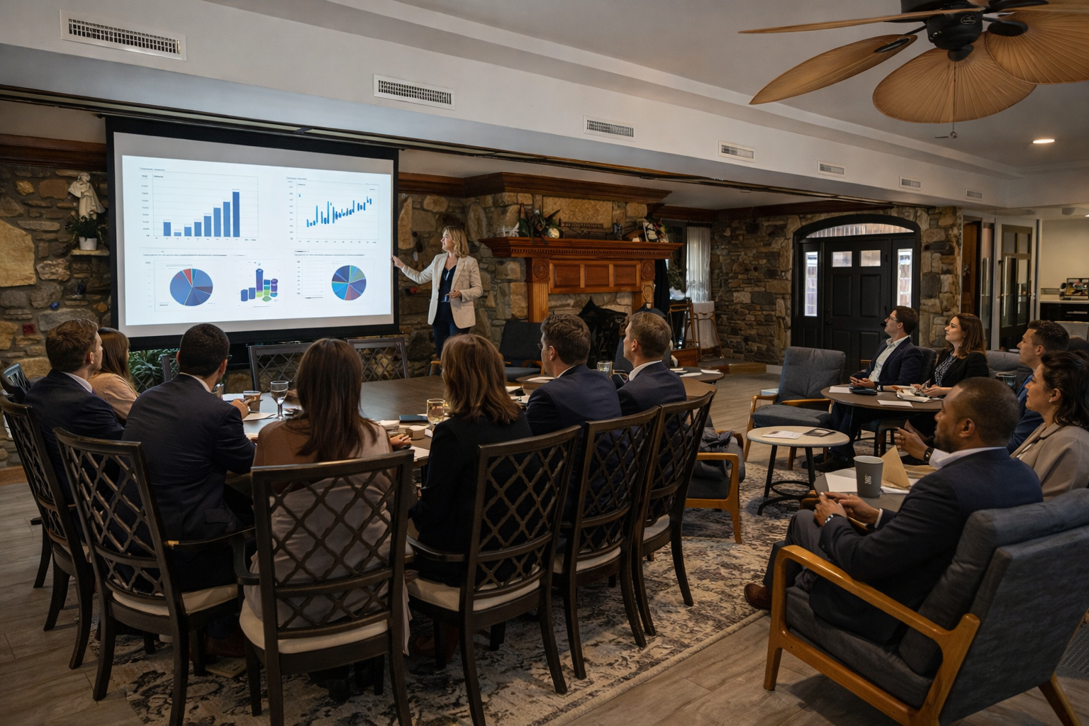 Corporate retreat presentation inside lodge meeting space at Paradise by Firefly