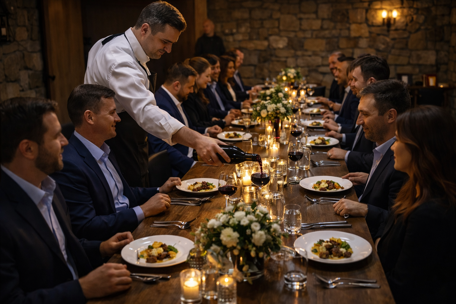 Chef serving plated dinner to guests during corporate retreat dining experience at Paradise by Firefly