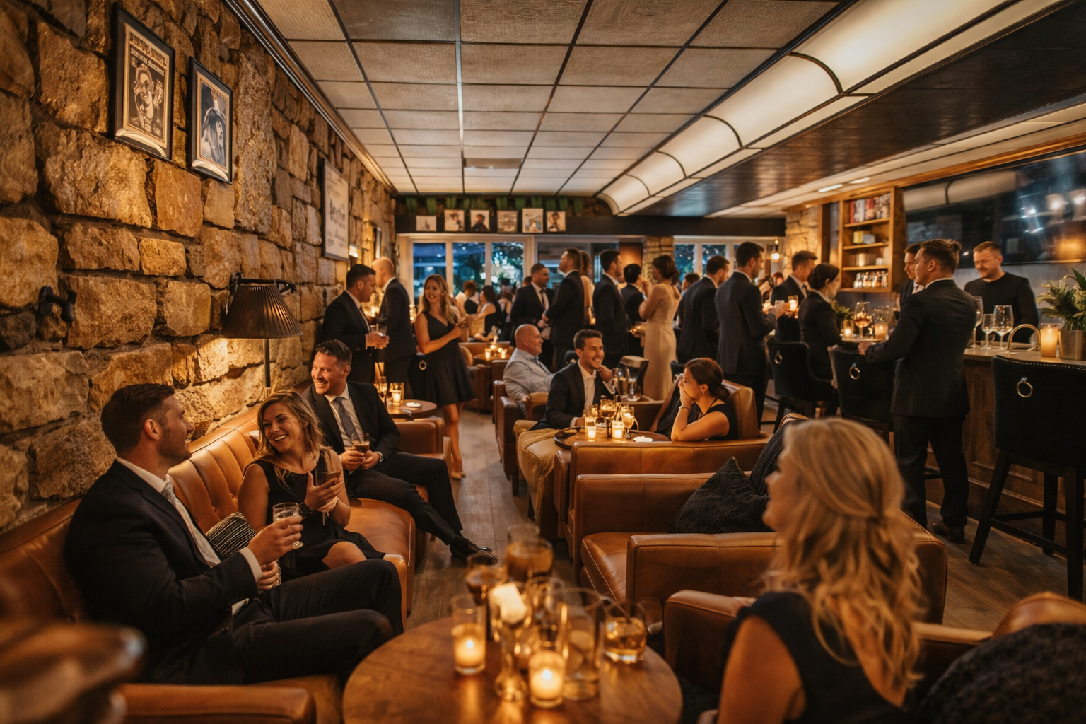 Guests socializing in lodge lounge during evening retreat gathering at Paradise by Firefly